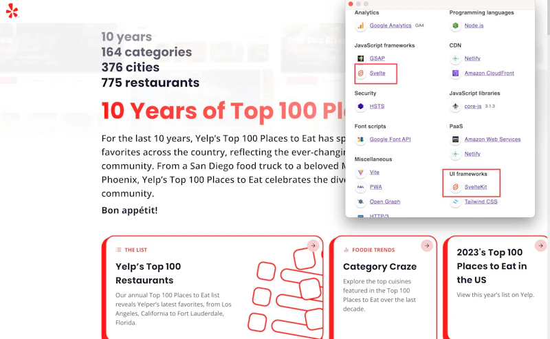 Yelp top 100 website uses Svelte and SvelteKit