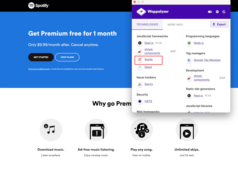 Spotify pricing page uses Svelte
