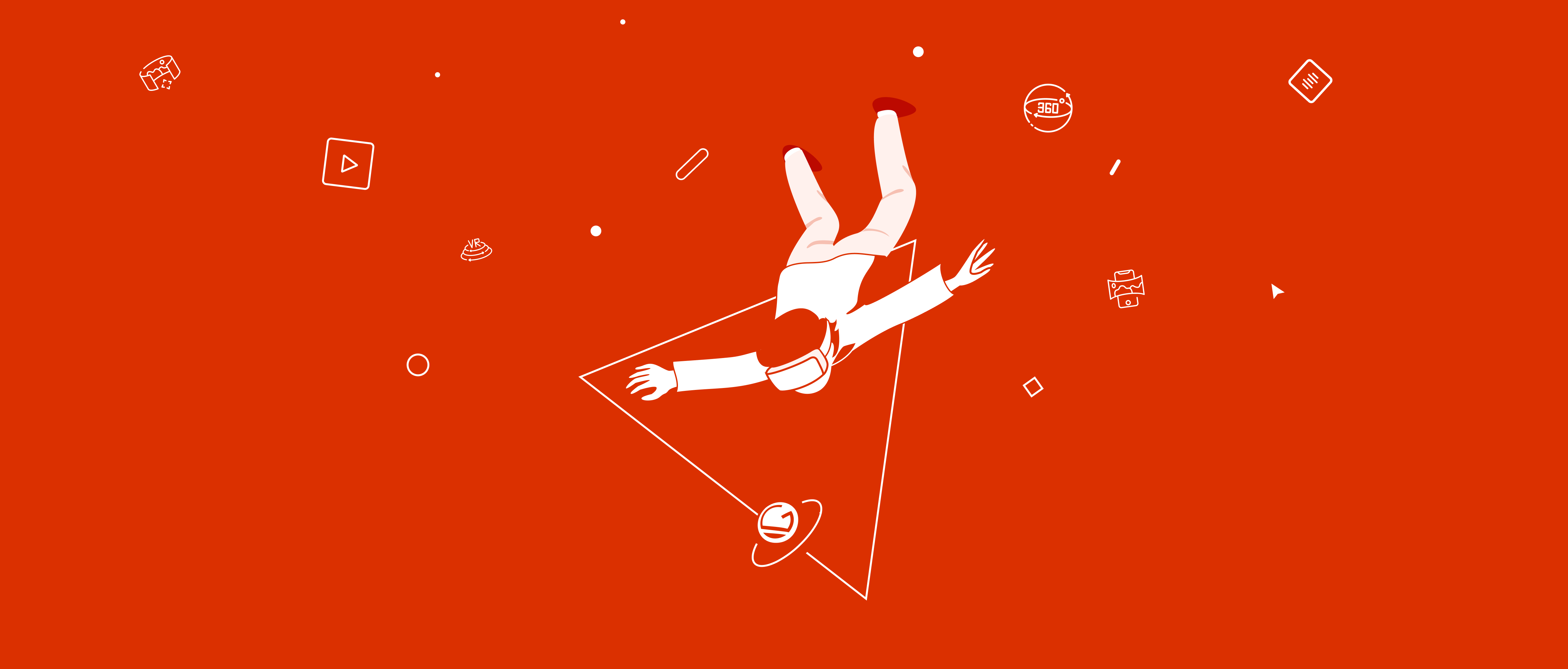 Illustration of person wearing VR goggles and floating in space