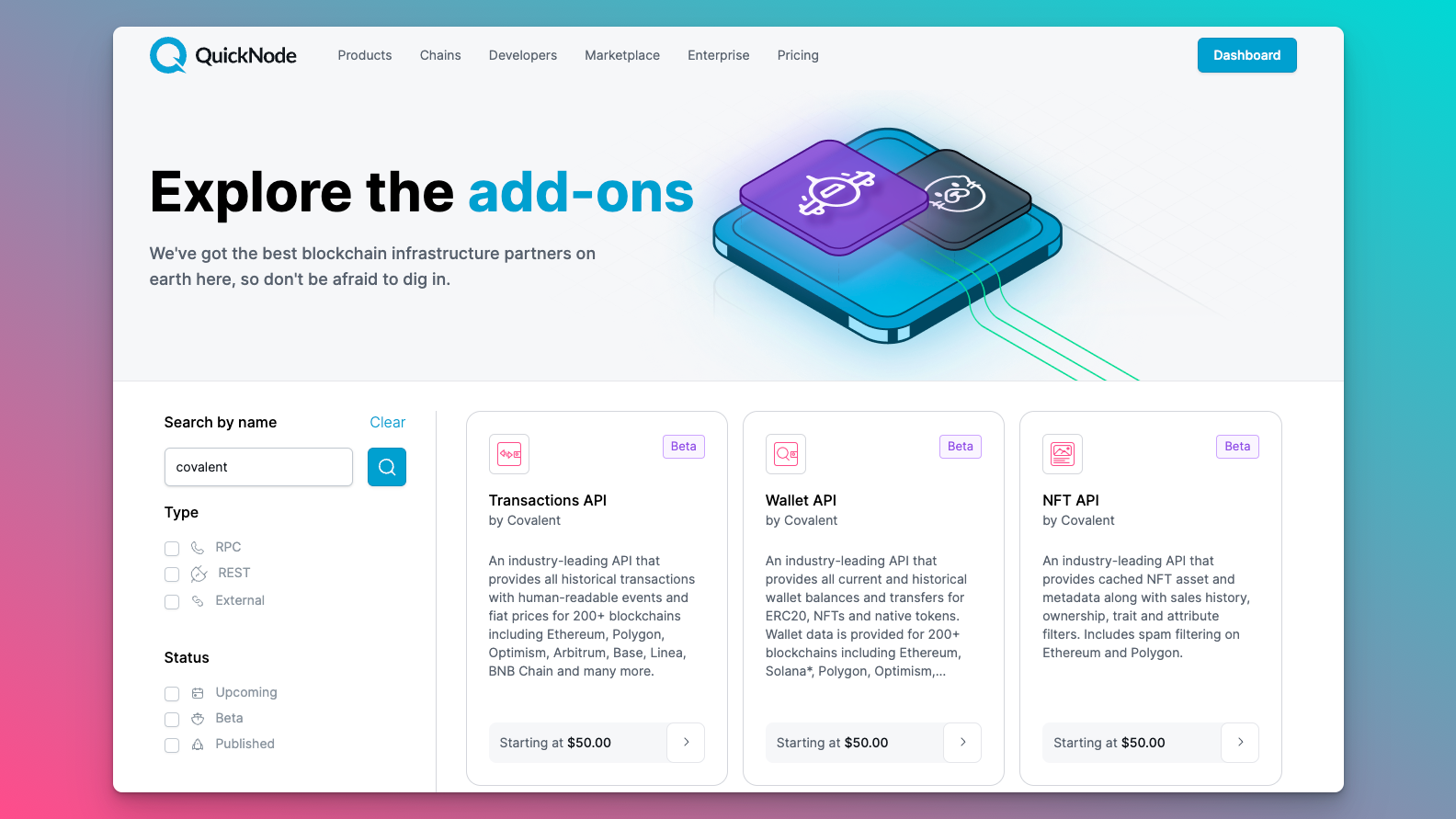 Covalent offers a suite of onchain data add-ons including Transactions, Wallet and NFT APIs