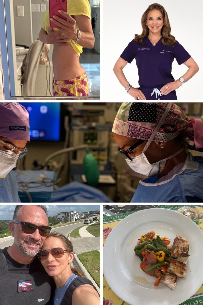 Collage of Dr. Michelle Cabret at 56 living her best life—enjoying healthy food, exercising, glowing in a Barbie-inspired photo, and confidently showing her lean abdominals in a selfie—illustrating how hormone therapy supports vibrant health beyond midlife. 