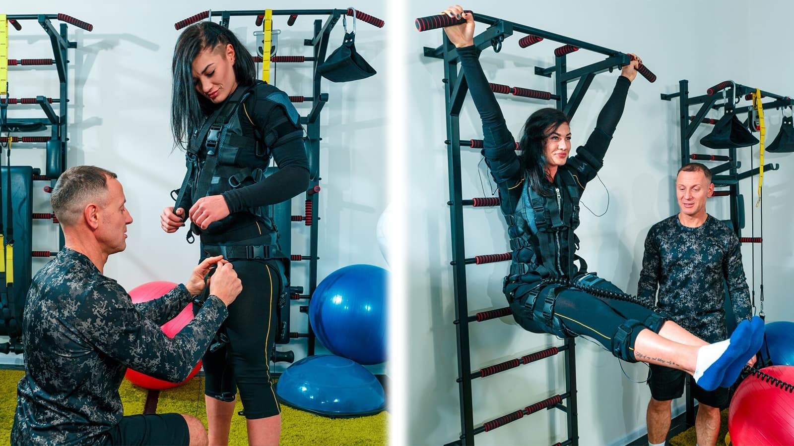 Eine Frau und ein Mann, die beide EMS-Training machen.
