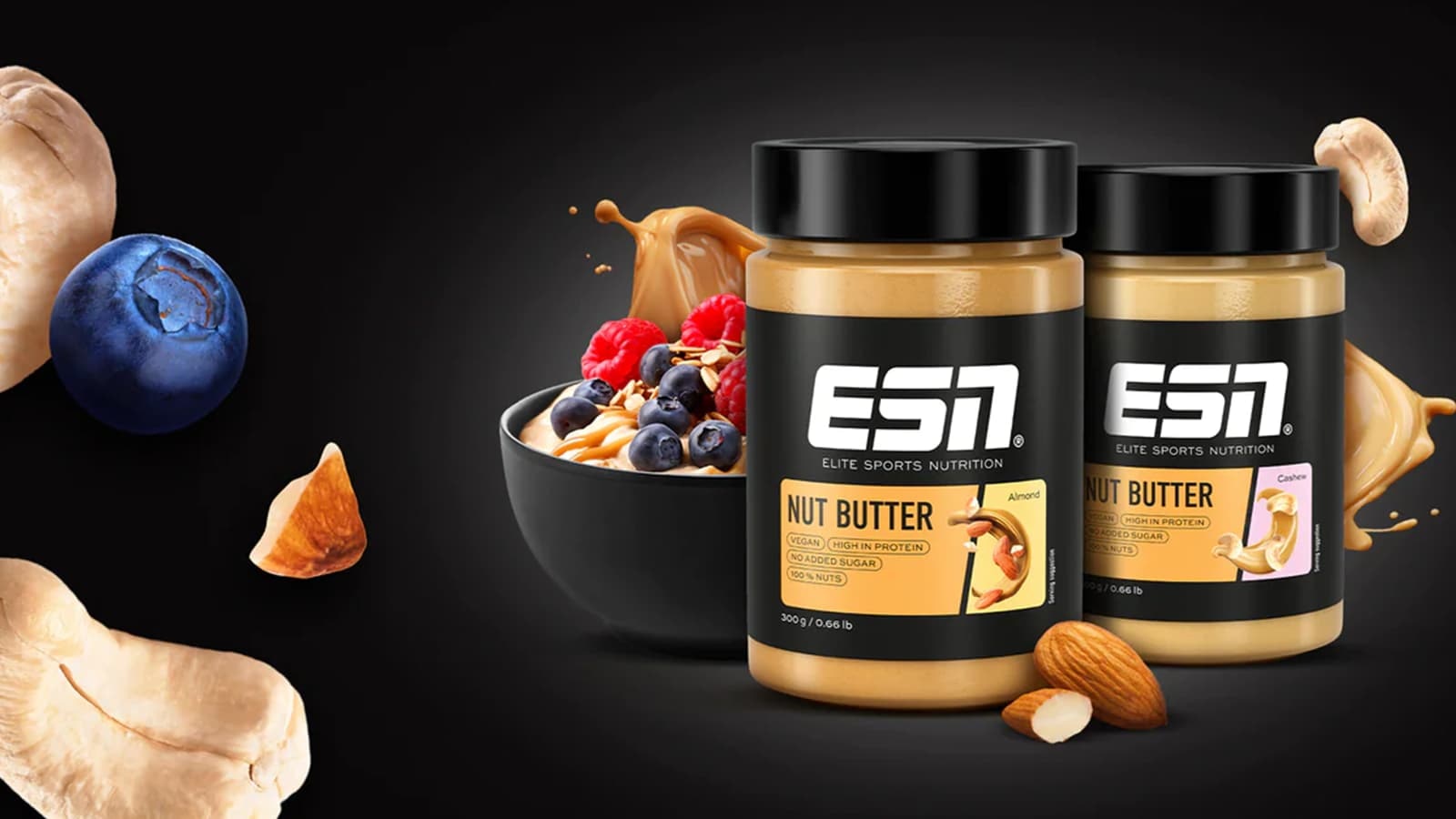 Review der ESN Nut Butter. Bild, welches die beiden Sorten der ESN Nut Butter in Szene setzt.