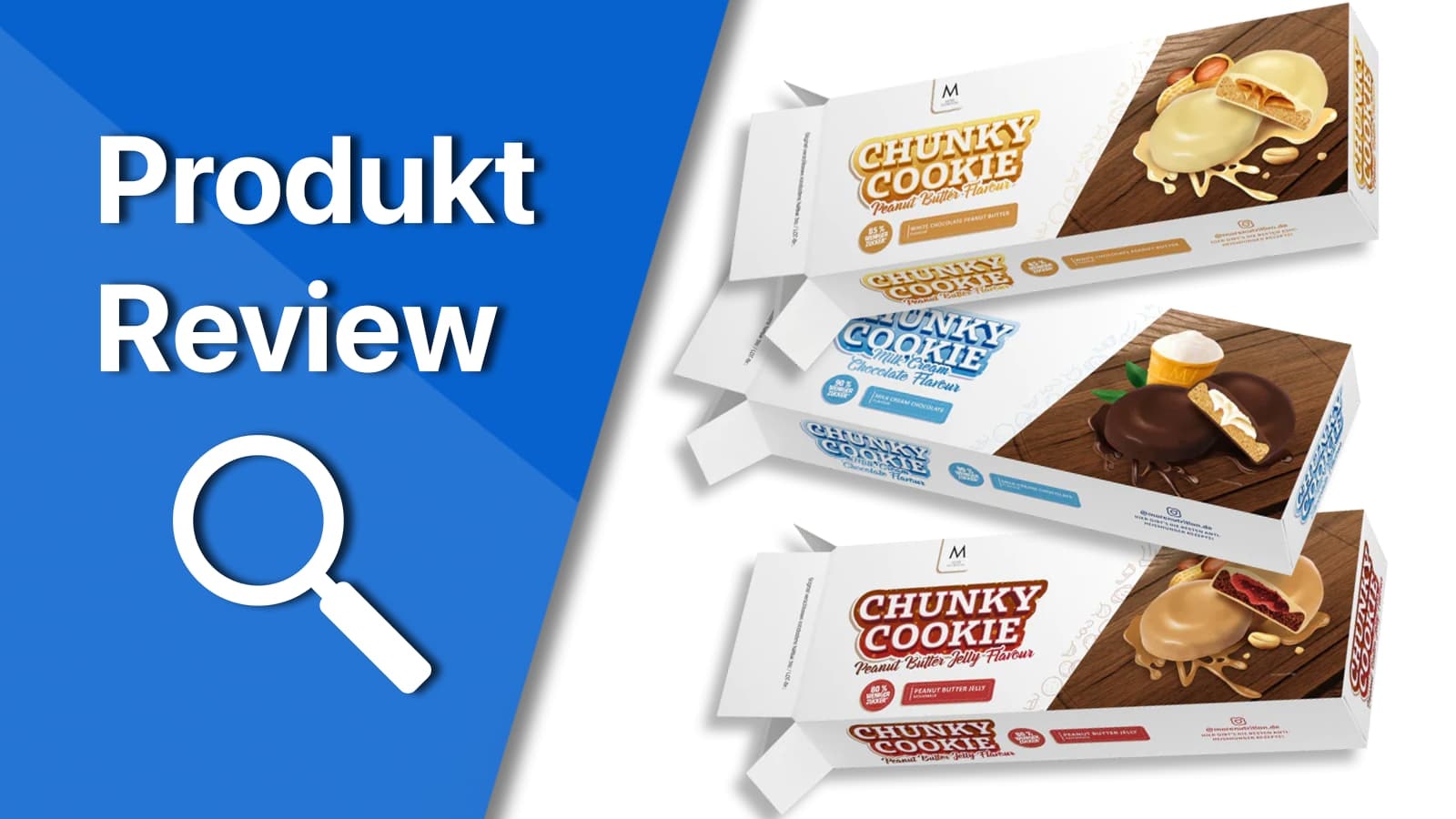 More Nutrition Chunky Cookies im Review. Titelbild auf dem die Geschmacksrichtungen der More Nutrition Chunky Cookies präsentiert werden.
