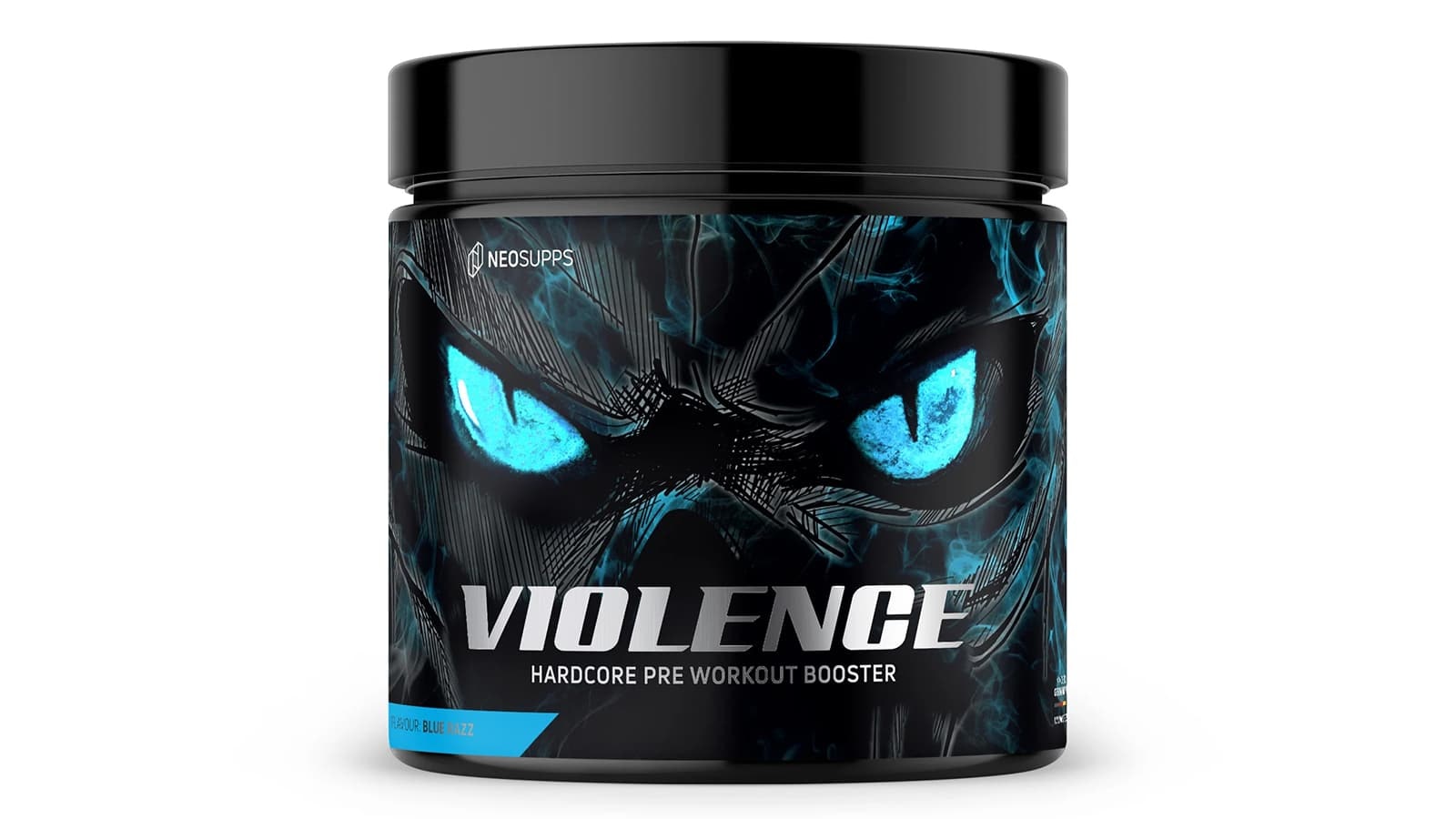 Neosupps Violence Booster im Review. Bild von einem Neosupps Violence Booster mit Blue Razz Geschmack.