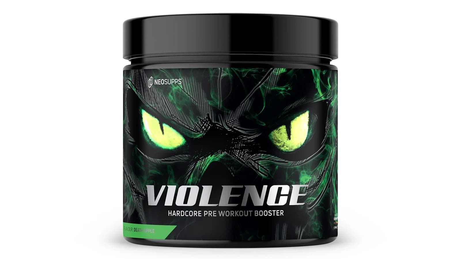 Neosupps Violence Booster im Review. Bild von einem Neosupps Violence Booster mit Death Apple Geschmack.