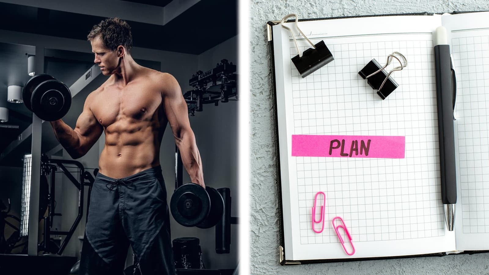 Wie erstellt man einen Trainingsplan? Bilder von einem Buch für den Trainingsplan und von einem Mann, welcher trainiert.
