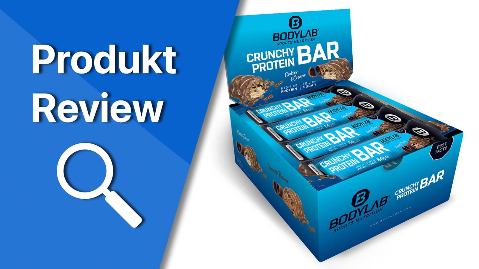 BodyLab24 Crunchy Protein Bar im Review. Titelbild, was die Verpackung der BodyLab24 Crunchy Protein Bar zeigt.