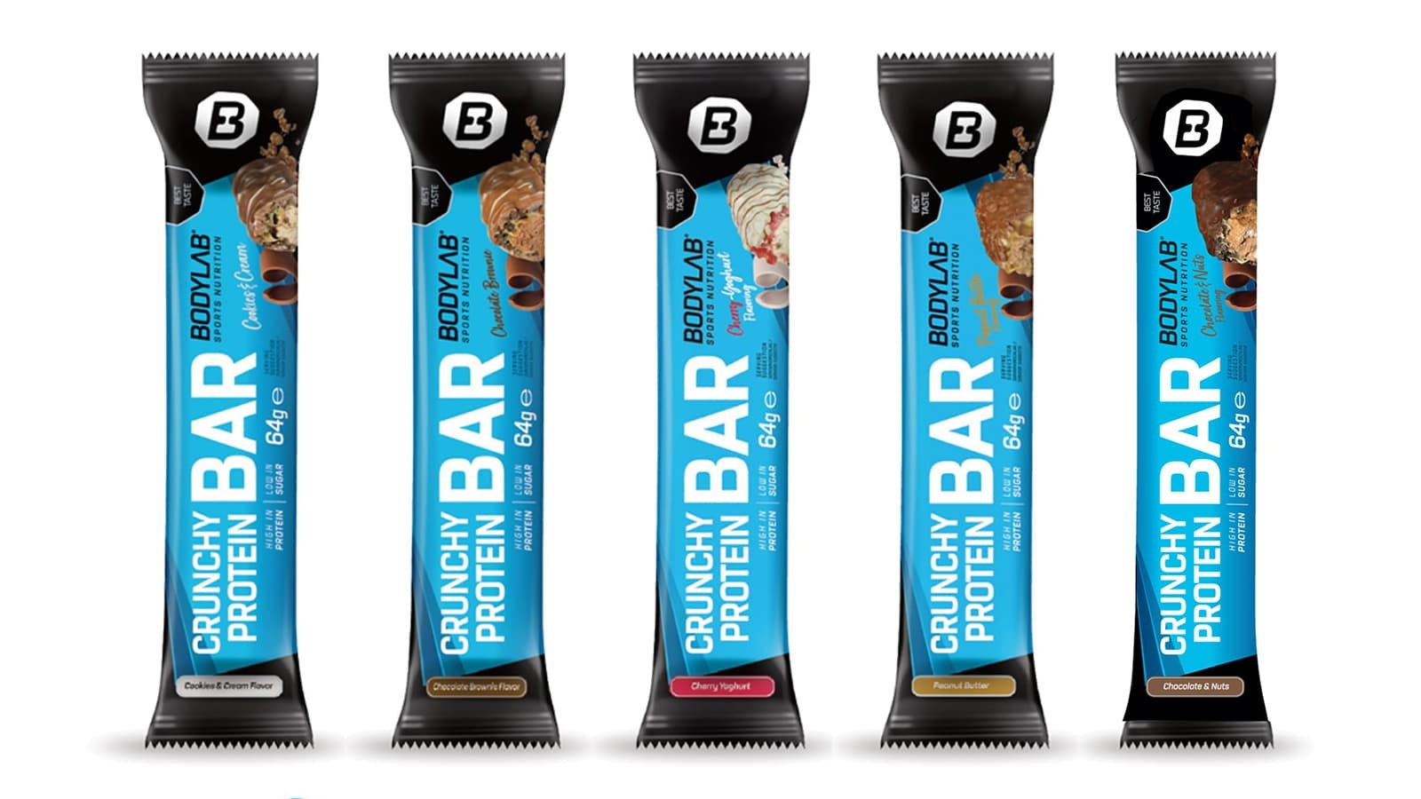 BodyLab24 Crunchy Protein Bar im Review. Bild, welches die verschiedenen Geschmacksrichtungen der BodyLab24 Crunchy Protein Bar zeigt.