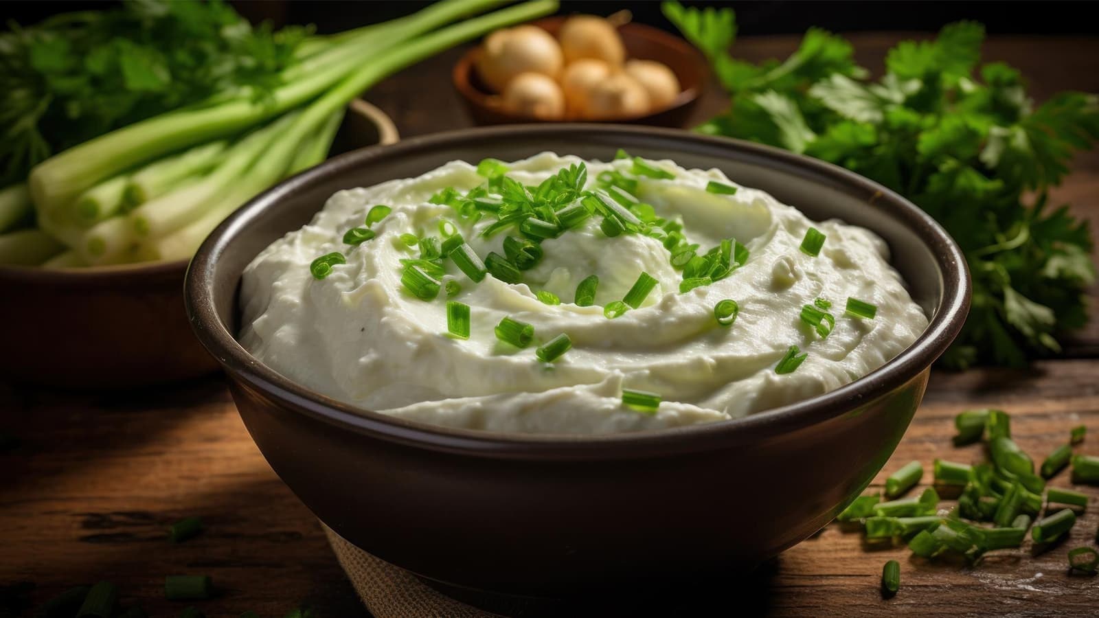 Rezept für einen Low Carb Flammkuchen. Bild von Creme fraiche und Schnittlauch, die als Zutaten für den Low Carb Flammkuchen dienen.