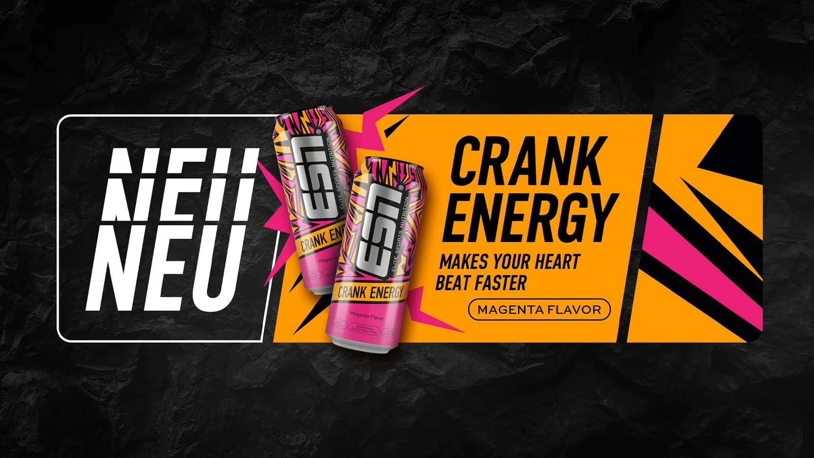 ESN Crank Energy "Magenta Flavor" im Review. Bild, was die neuste Sorte des ESN Crank Energy Drinks in Szene setzt.