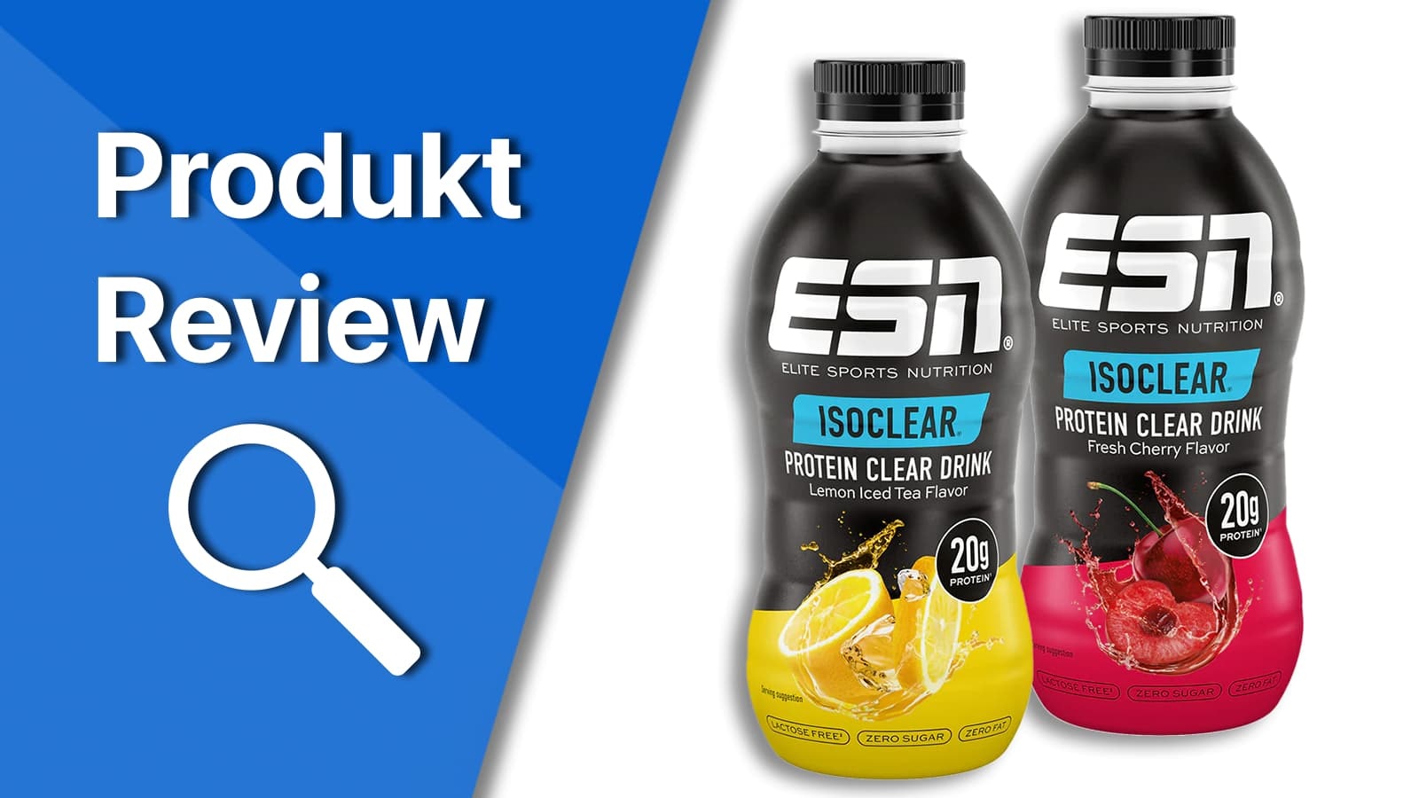 ESN Isoclear Protein Drink im Review. Titelbild, welches den ESN Isoclear Protein Drink und seine Geschmacksrichtungen präsentiert.
