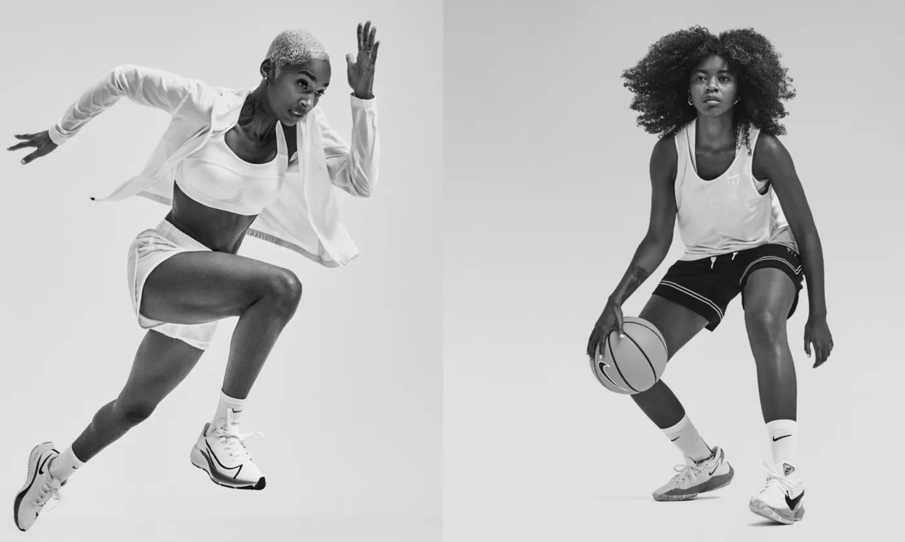 Zwei Frauen in sportlicher Pose, links eine Läuferin und rechts eine Basketballerin mit Ball. Beide in Nike Klamotten und Sportschuhen.
