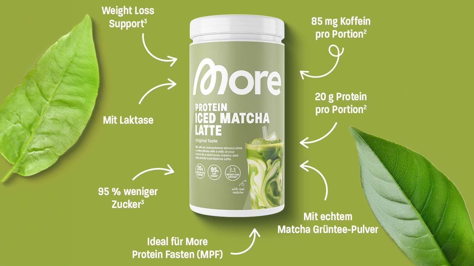 Bild vom More Protein Iced Matcha Latte mit zusätzlichen Fakten zum Produkt.