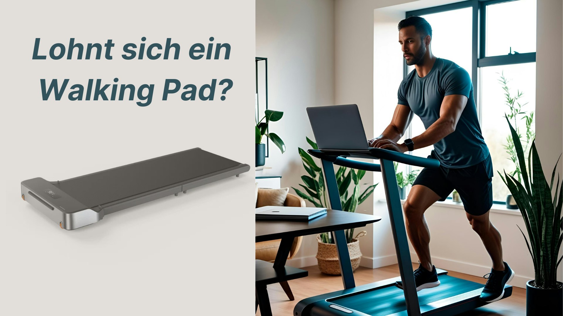 Mann im Homeoffice auf einem Laufband. Er arbeitet am Laptop. Man sieht schöne Pflanzen und ein Tisch, er ist in seinem Büro zuhause.