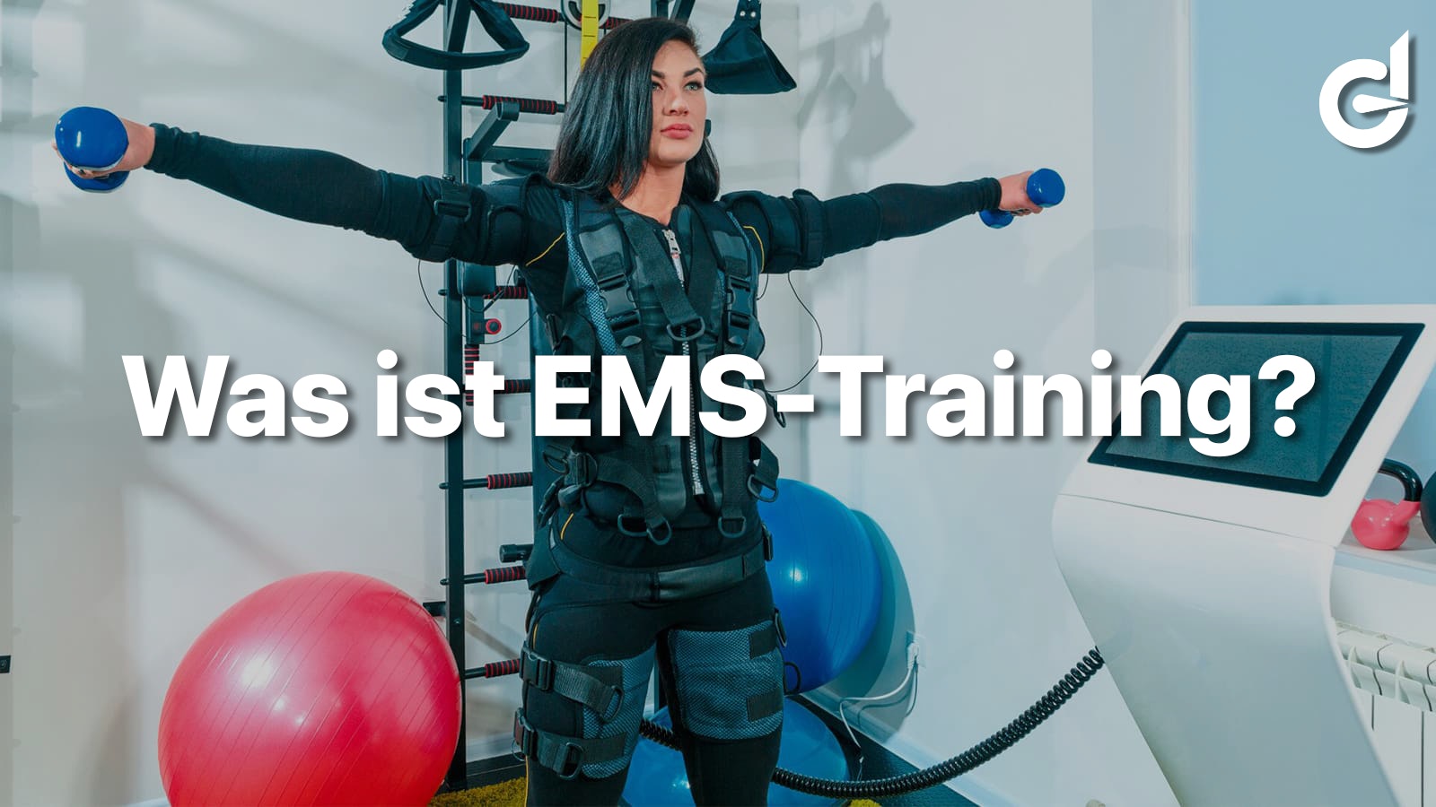 Die Überschrift und eine Frau, die EMS-Training macht.