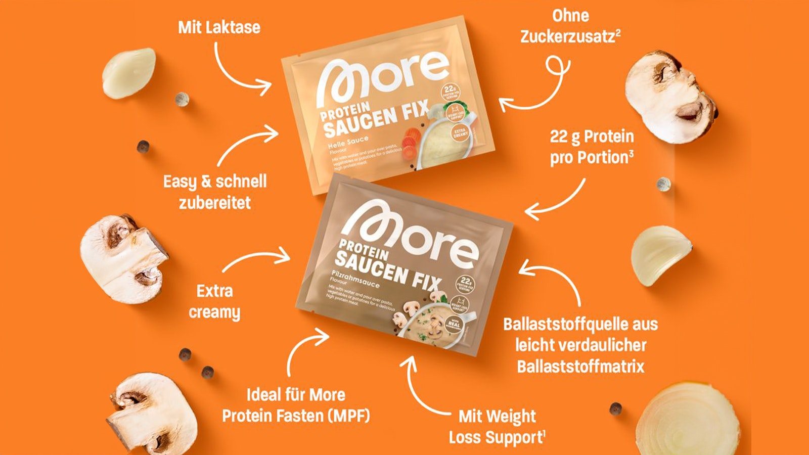 Die beiden Sorten der More Protein Saucen Fix und zusätzliche Fakten zum Produkt.