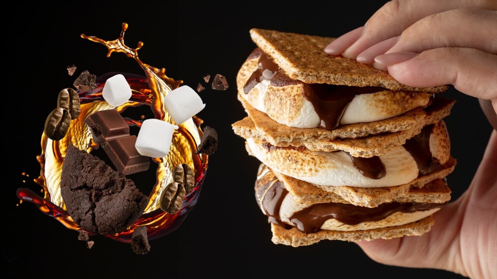 Darstellung der Geschmacksnoten neben einer Hand, die S'Mores mit den Fingern hält.