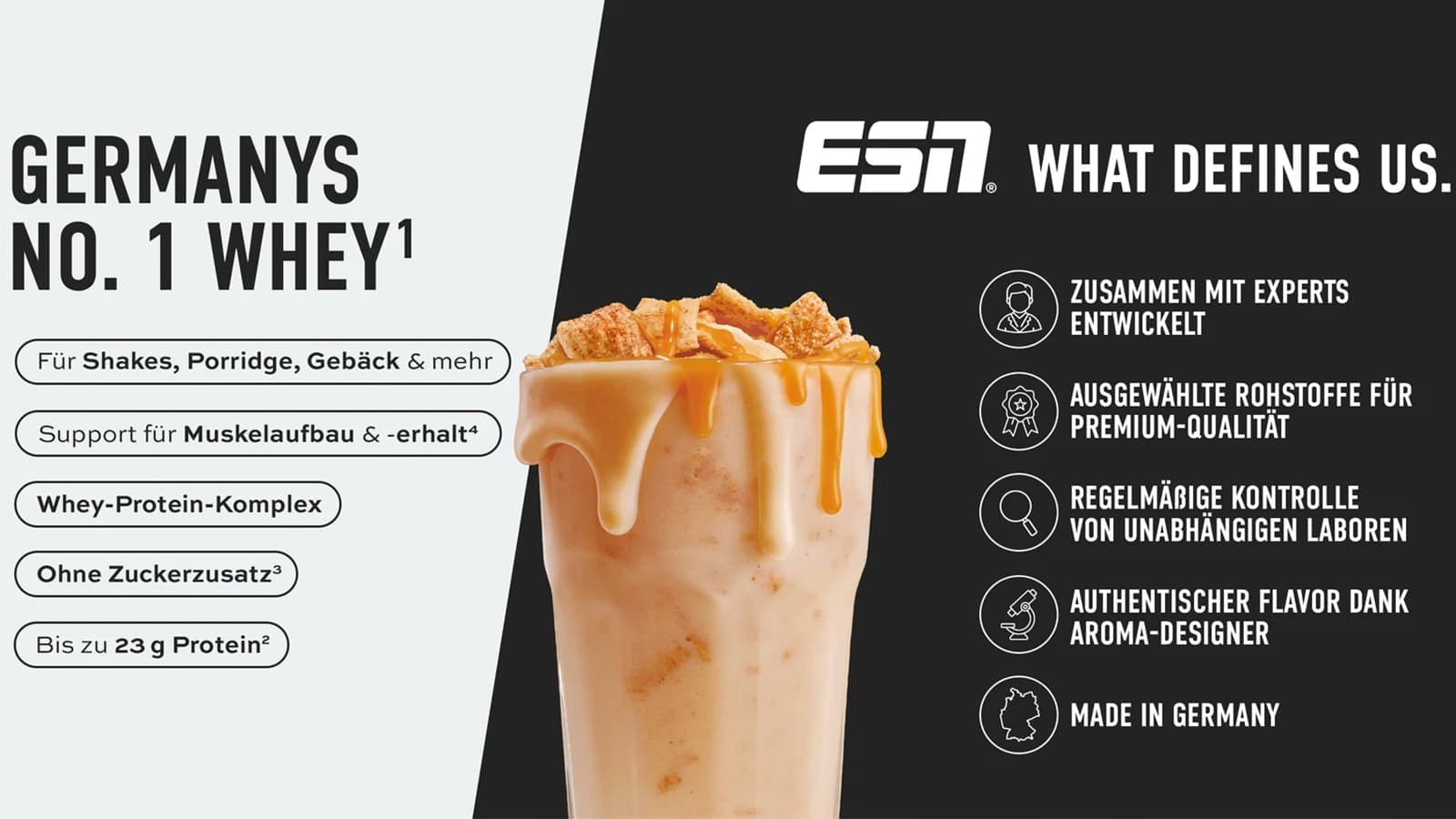 ESN Designer Whey in einem Glas und zusätzliche Fakten zum Produkt.