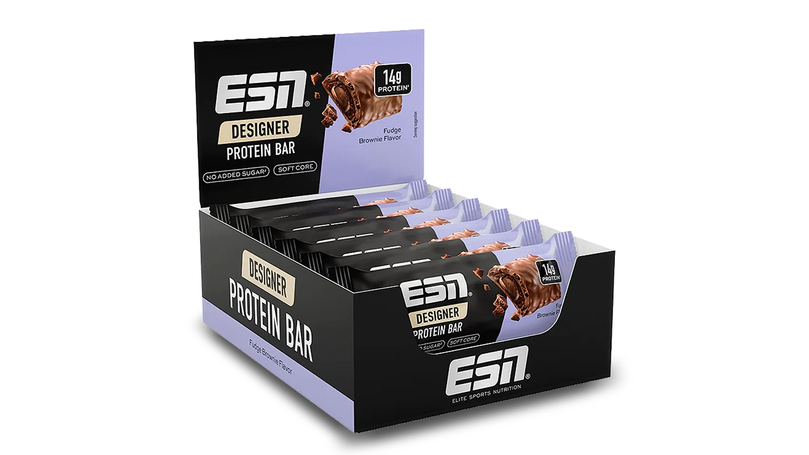 Produktbild von einer Box voller ESN Designer Protein Bars.