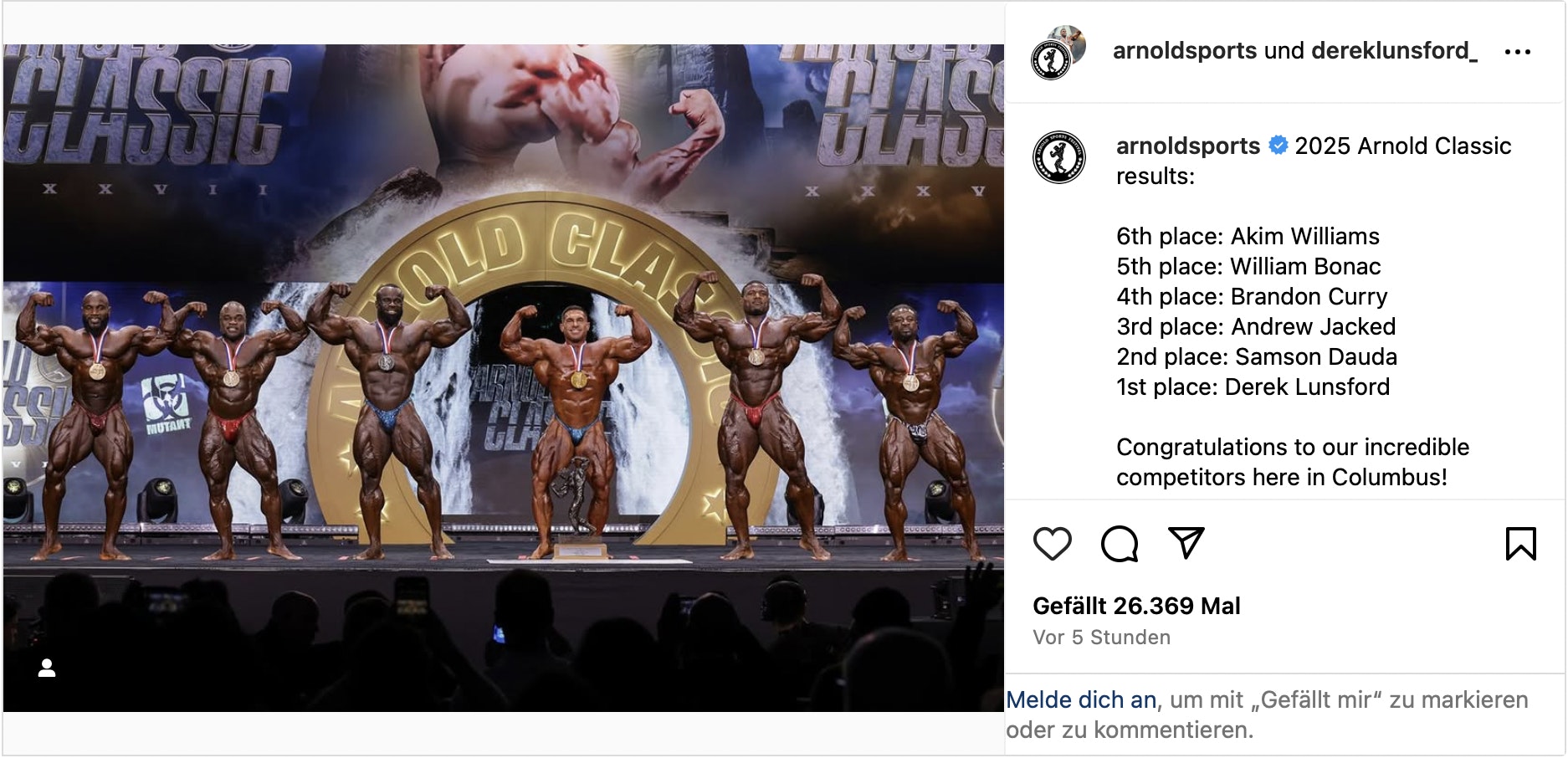 die platzierungen der arnolds sports mens open. derek lunsford gewinnt 2025.