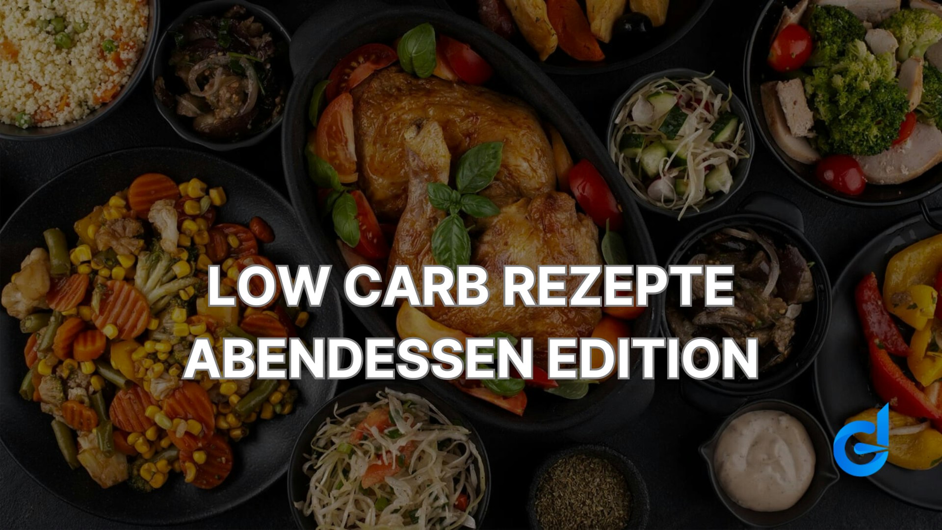 EIn Tische voller Low Carb Speisen. und einem droptime logo