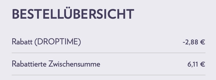 Eine Bestellübersicht mit dem Rabattcode Droptime.