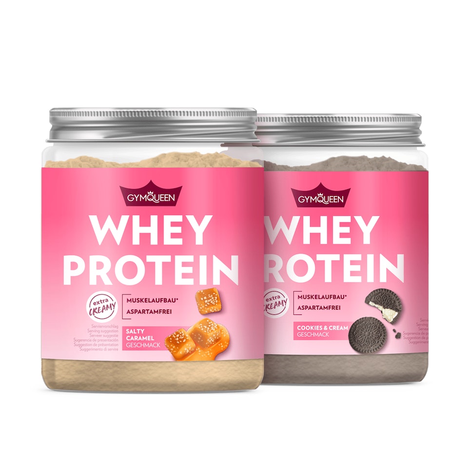 Zwei Dosen Whey Protein von GymQueen.