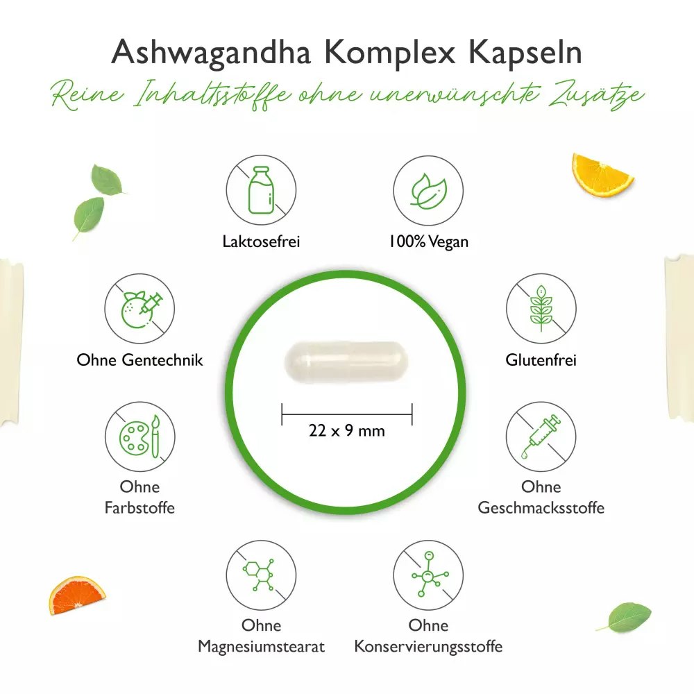 Eine Grafik, welche die Inhaltsstoffe der Ashwagandha-Kapseln von Vit4ever zeigt.