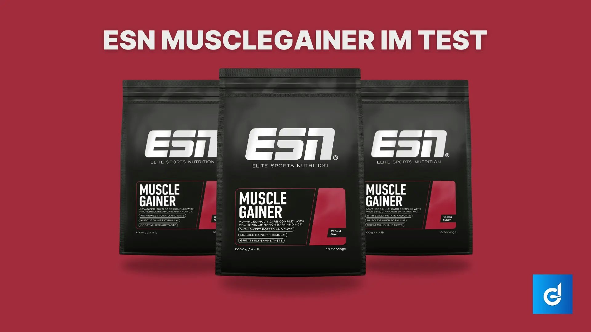 3 Beutel ESN Musclegainer auf rotem Hintergrund.