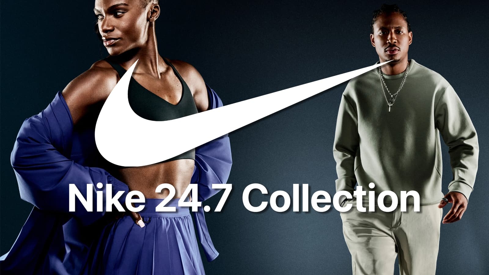 Ein Nike Logo und der Titel der Kollektion vor einem Bild mit zwei Outfits.