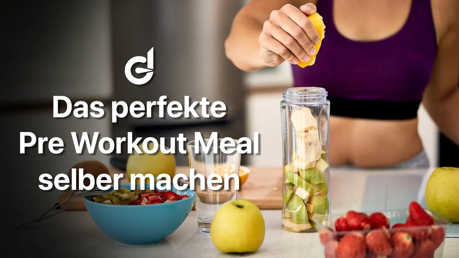Die Überschrift des Artikels und eine Frau, die einen Pre Workout Shake zubereitet.