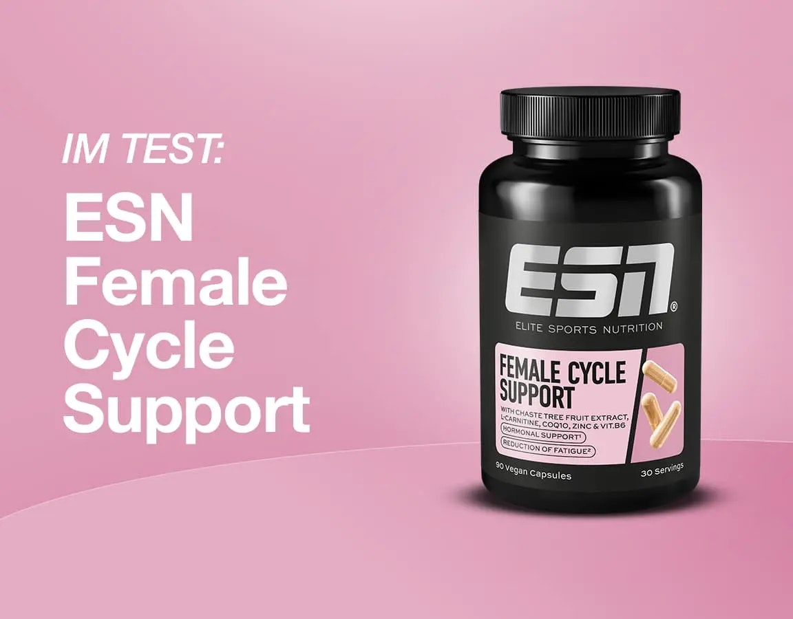 Review über den ESN Female Cycle Support - Produktbild vor pinkem Hintergrund.