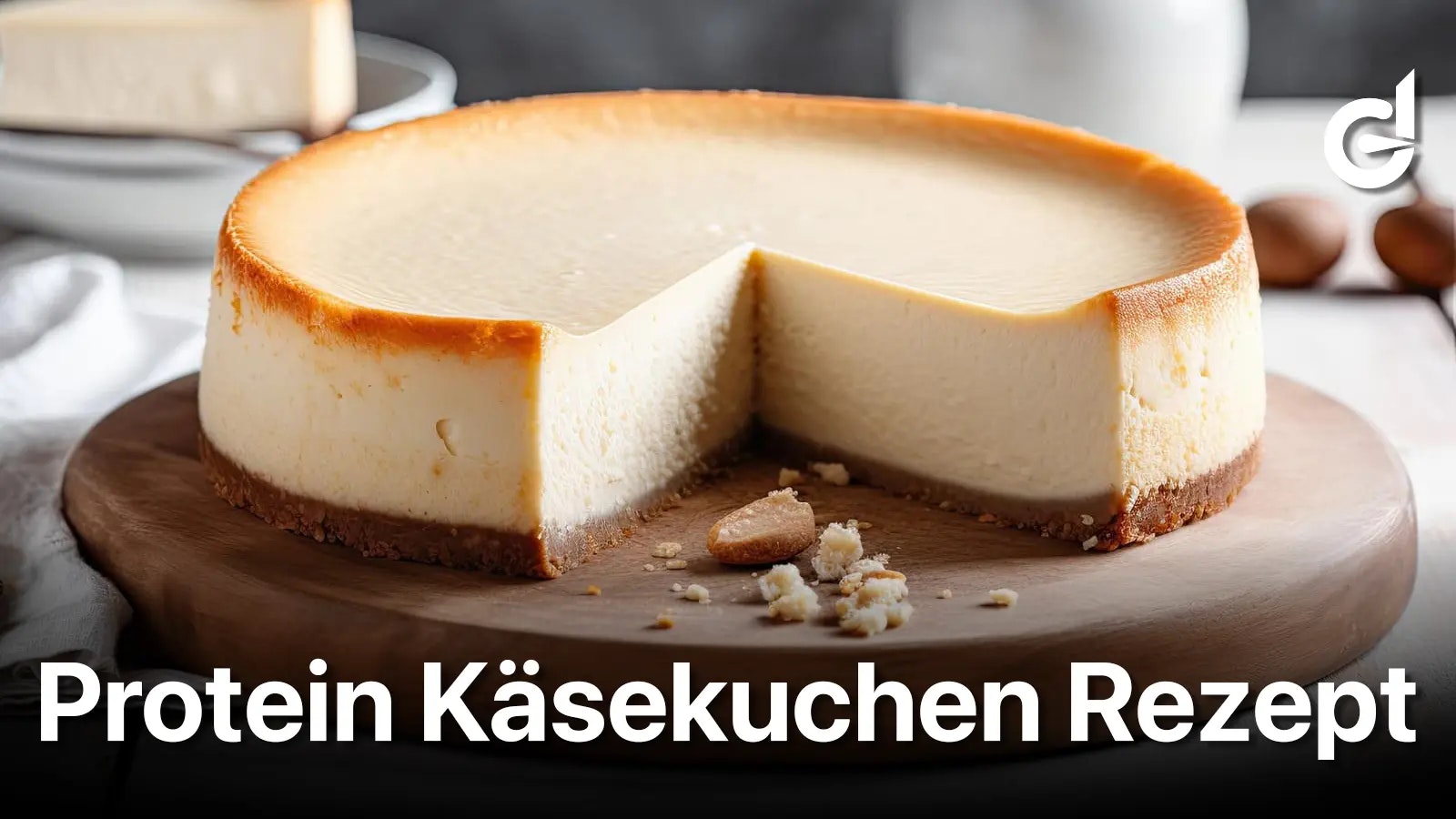 Rezept für einen Protein Käsekuchen - Ein Käsekuchen auf einem Holzbrett.