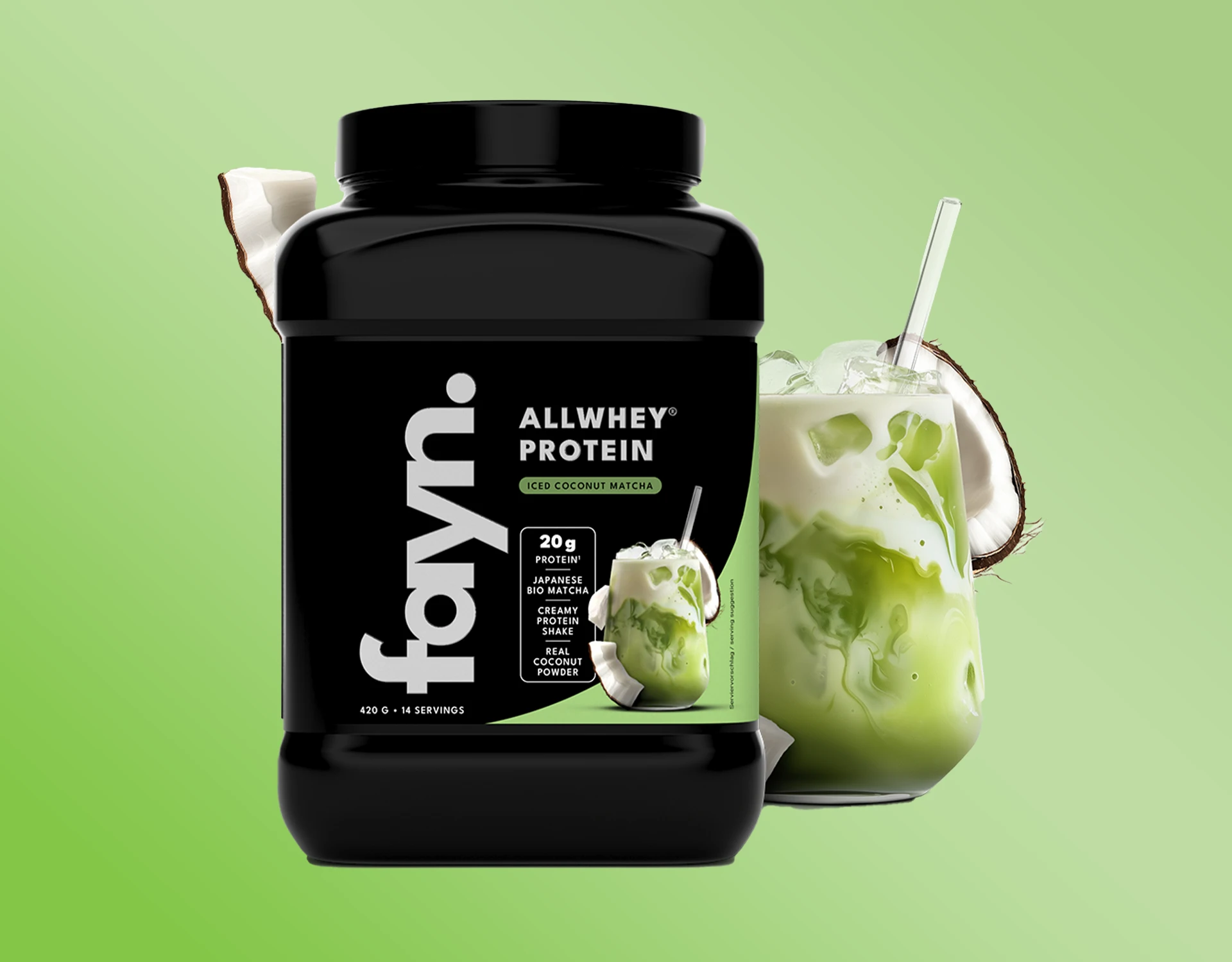 Produktbild von einer Dose Fayn Allwhey Protein Iced Matcha.