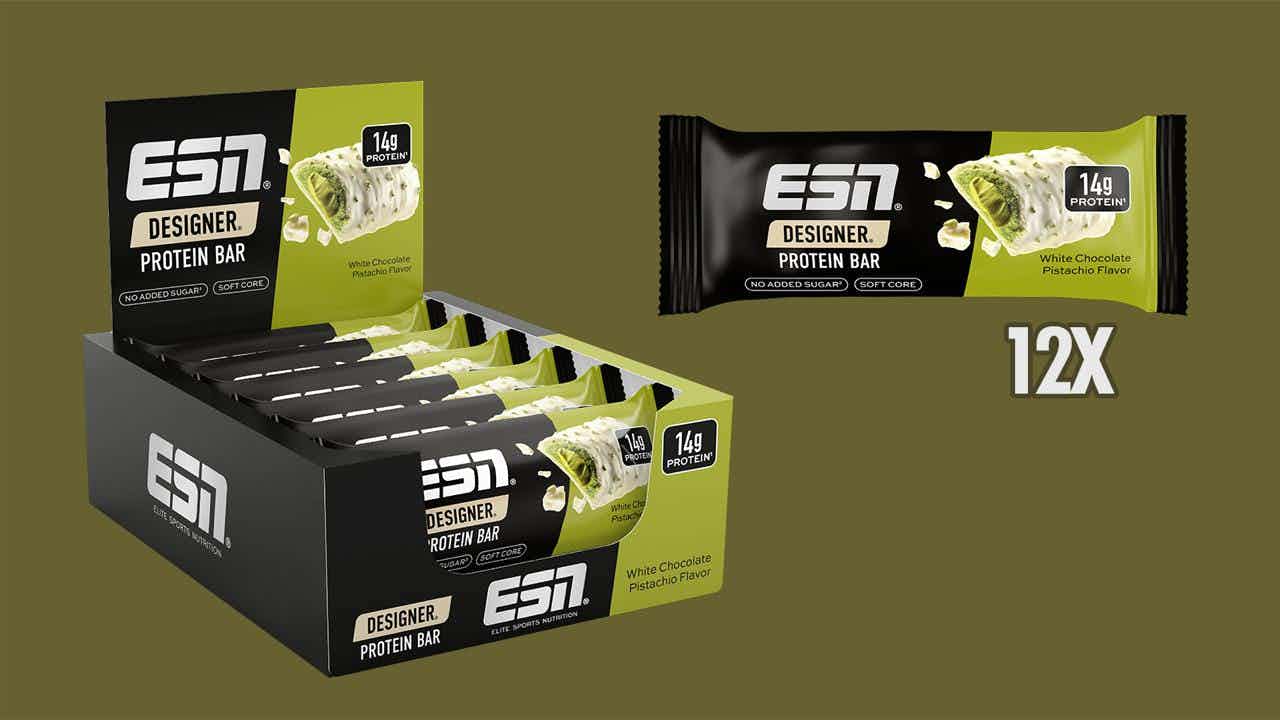 Produktbild von einer Box mit ESN Designer Bars "White Chocolate Pistachio Flavour".