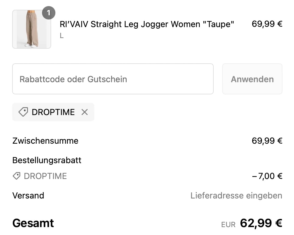 Bild vom anwenden des Rabattcodes DROPTIME bei Teveo