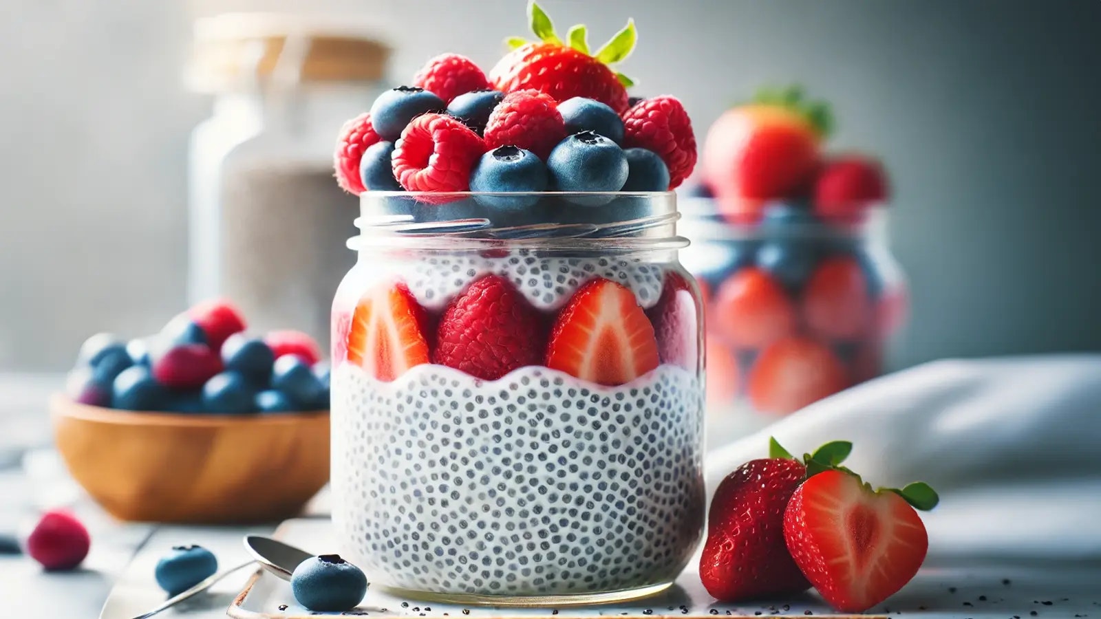 Bild von einem Chia Pudding mit verschiedenen Beeren.