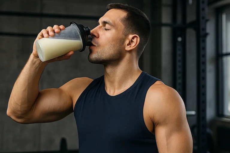 Trainierte Person die nach dem Sport ein Buttermilch-Shake trinkt