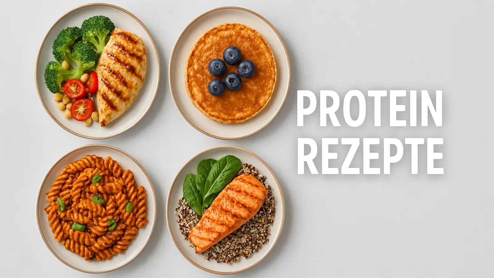 Mehrere Protein Gerichte auf einer hellen Fläche.
