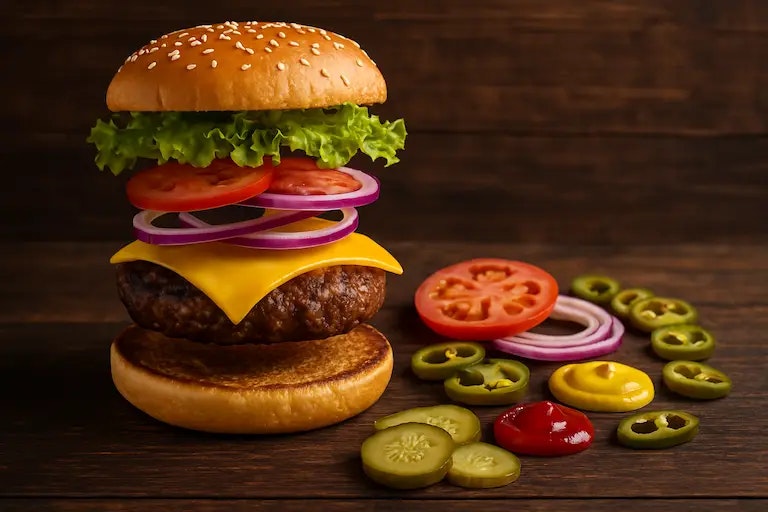 Wie viele Kalorien hat ein Burger? Bild von einem Burger, der in seine Bestandteile zerlegt wurde.