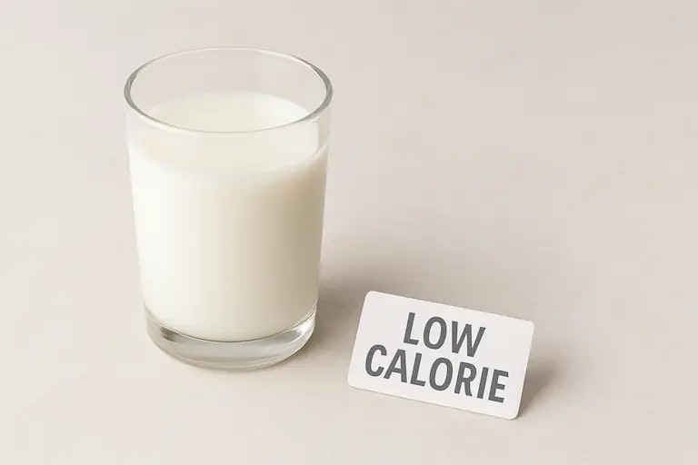 Glas Magermilch mit einem Low Calorie Schild
