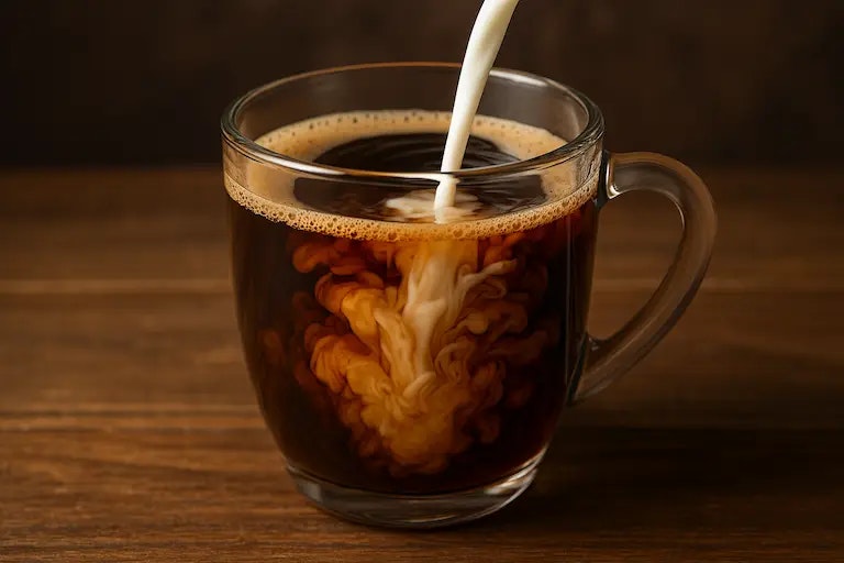 Kaffee bei dem Milch eingeschenkt wird