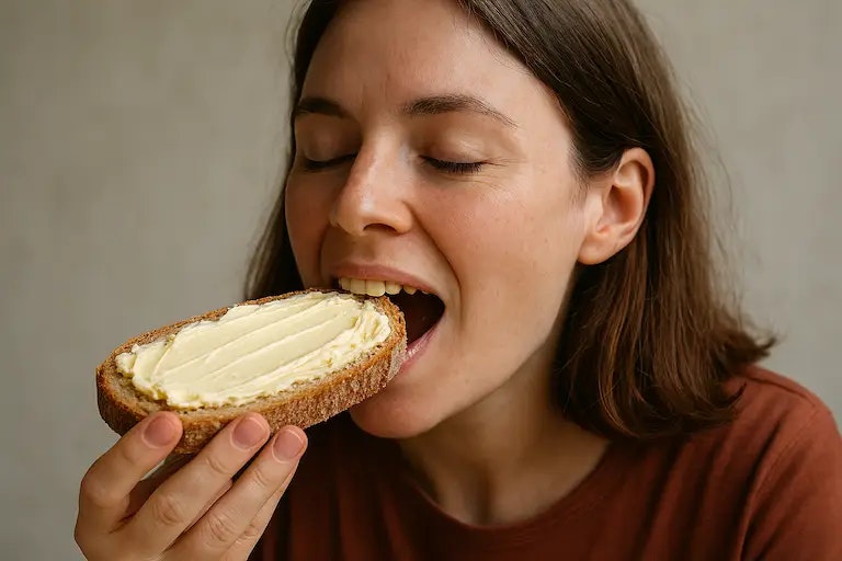 Frau die in ein Butterbrot beißt