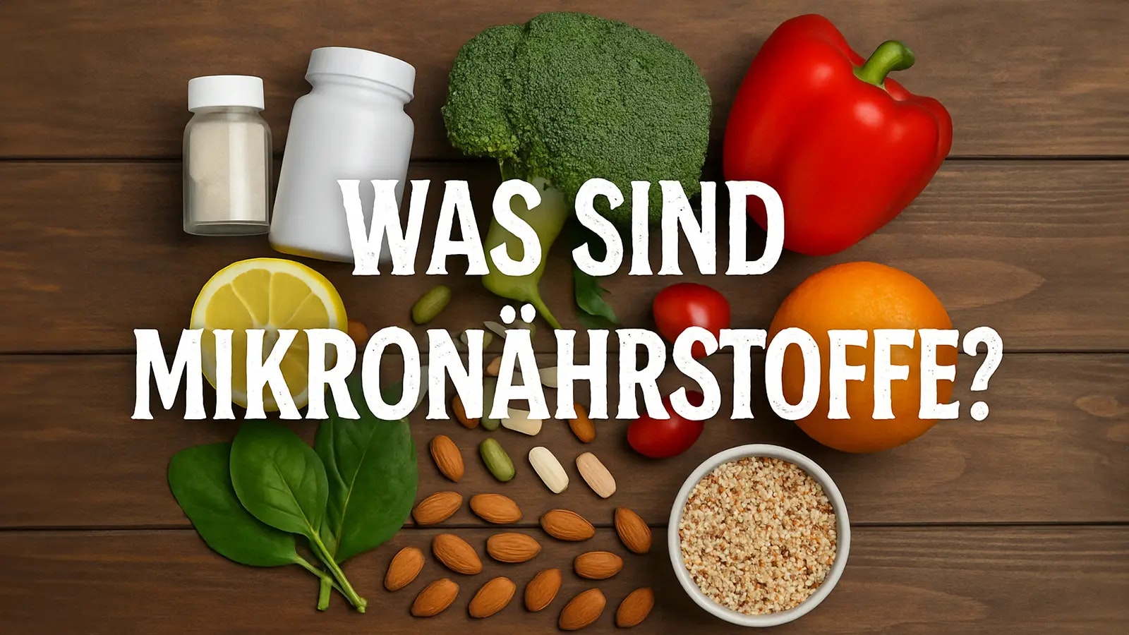 Was sind Mikronährstoffe? Lebensmittel und Supplements auf einem Holztisch.