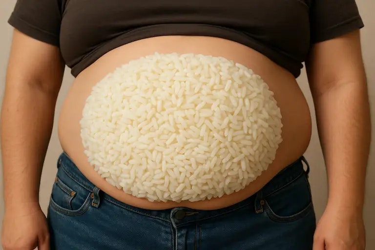 Dicker Bauch der voll mit Reis ist