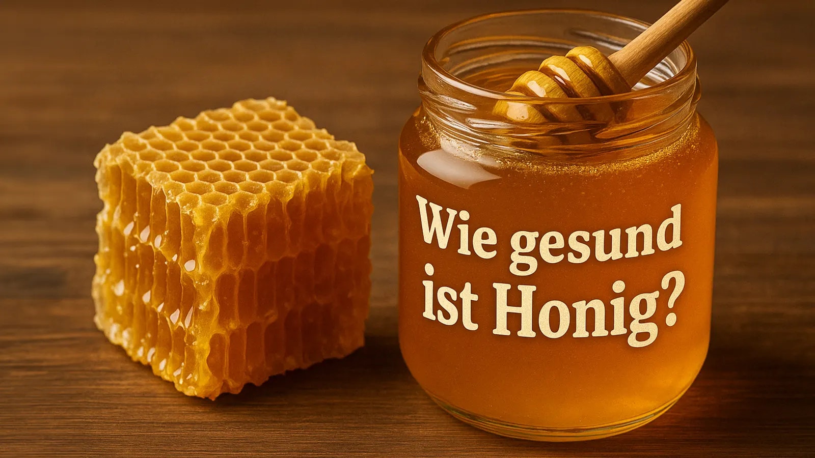 Wie gesund ist Honig? Bild von einem Einmachglas mit Honig neben einer Honigwabe.