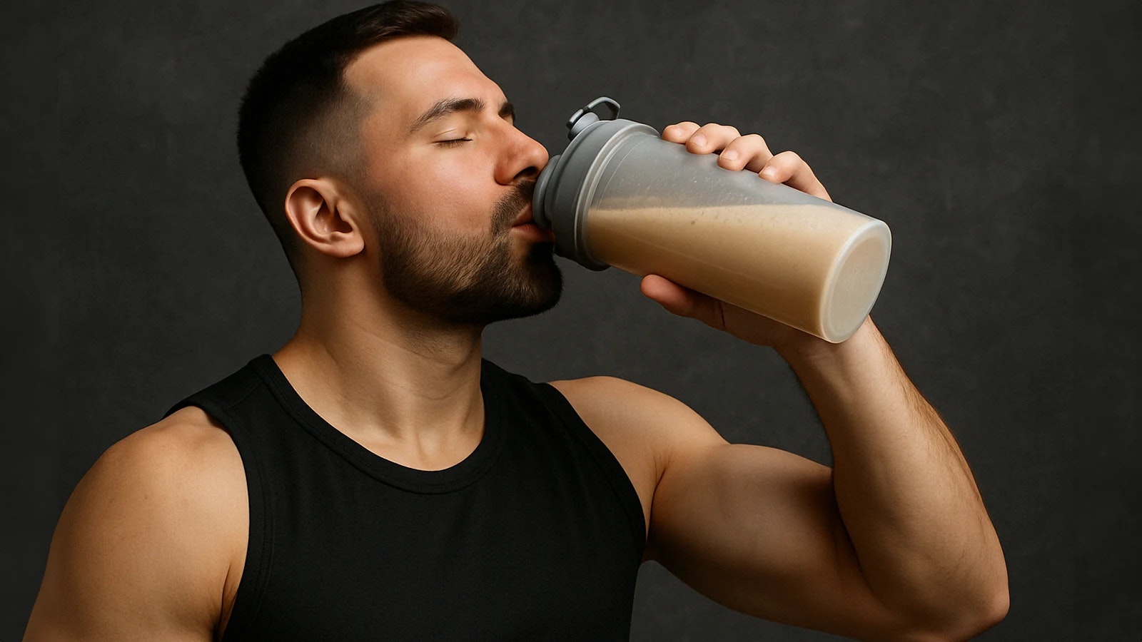 Ein muskulöser Mann, der einen Proteinshake trinkt.