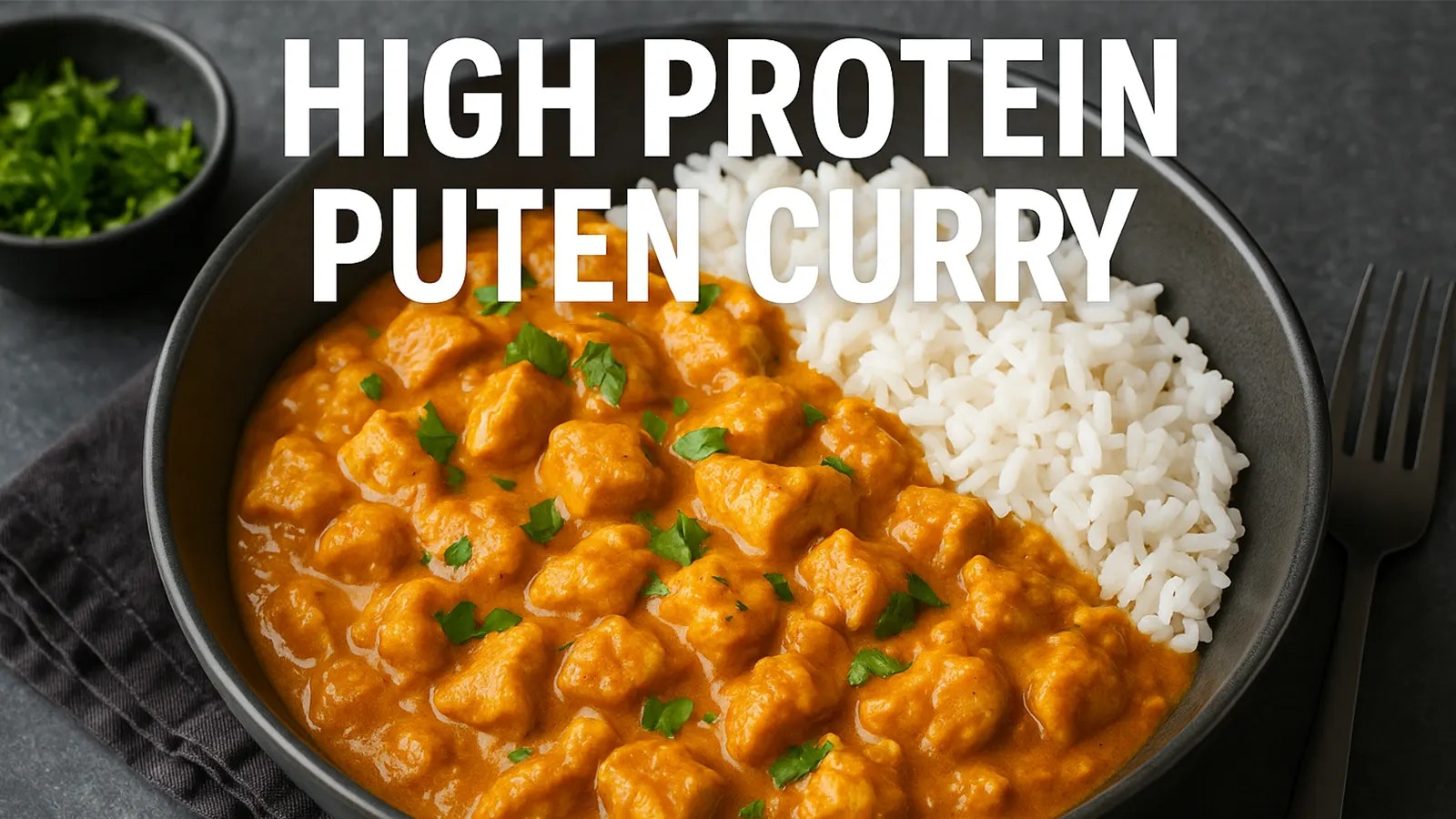 Rezept für ein High Protein Puten Curry - Bild von dem Gericht in einer schwarzen Schüssel.