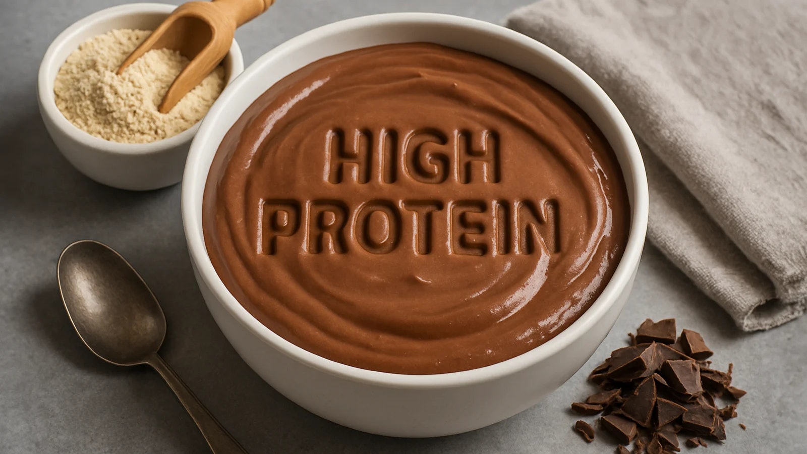 Bild von einem Protein Pudding neben ein paar Zutaten.